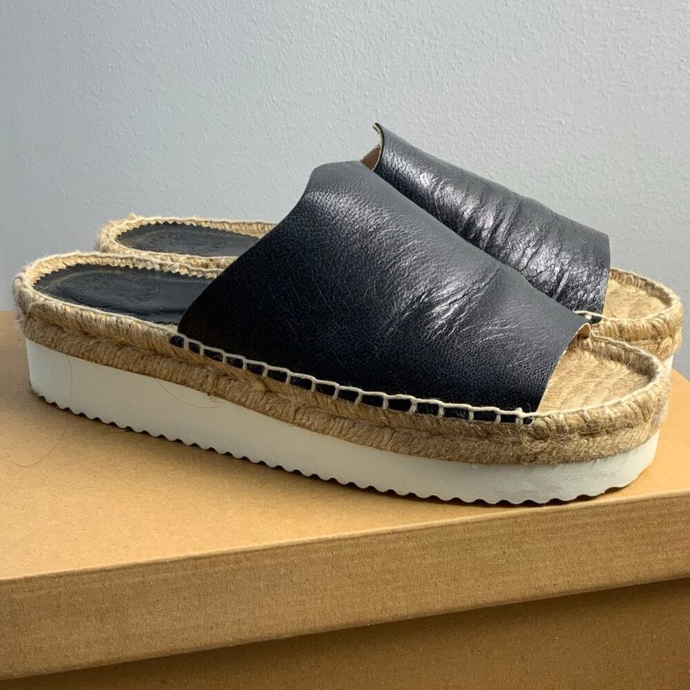 PENELOPE CHILVERS BLACK LEATHER ESPADRILLE SLIDES SIZE 8